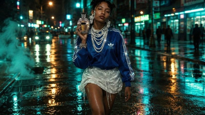 A woman in a blue jacket and pearls holding a perfume bottle on a rainy night street