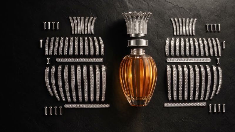 The parts of a flacon laid out flat, with the finished bottle between them