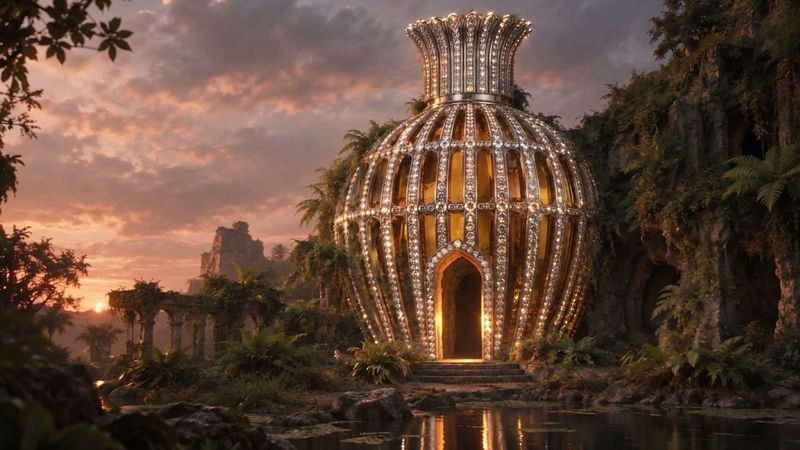 A tall crystal flacon built as a building in a jungle at sunset