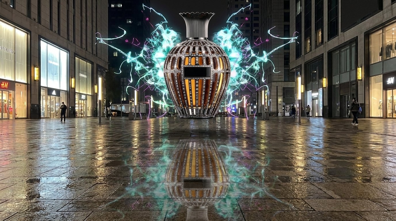 A flacon several metres tall stands in a wet shopping street at night, with ribbons of light around it and its reflection in the paving.
