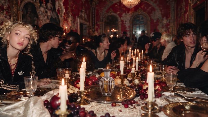 A candlelit banquet table in a red baroque room, guests in dark clothing seated around a silver flacon set among fruit and glasses.