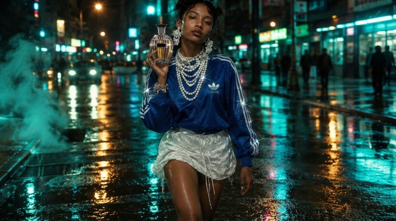 A woman in a blue tracksuit top and pearls holds a crystal-set flacon beside her face on a wet city street at night.