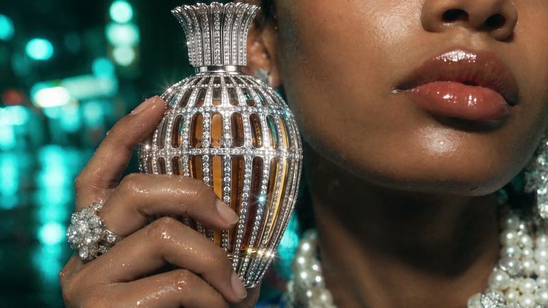 A hand with a large ring holds up a crystal-set flacon beside a woman's glossy lips, in the rain with blurred city lights behind.