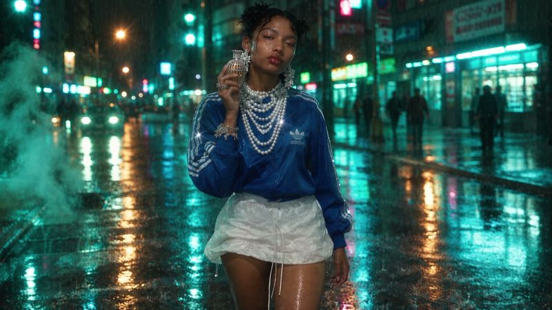 A woman in a blue tracksuit top and a white skirt walks down a rainy city street at night, holding a flacon up beside her face.