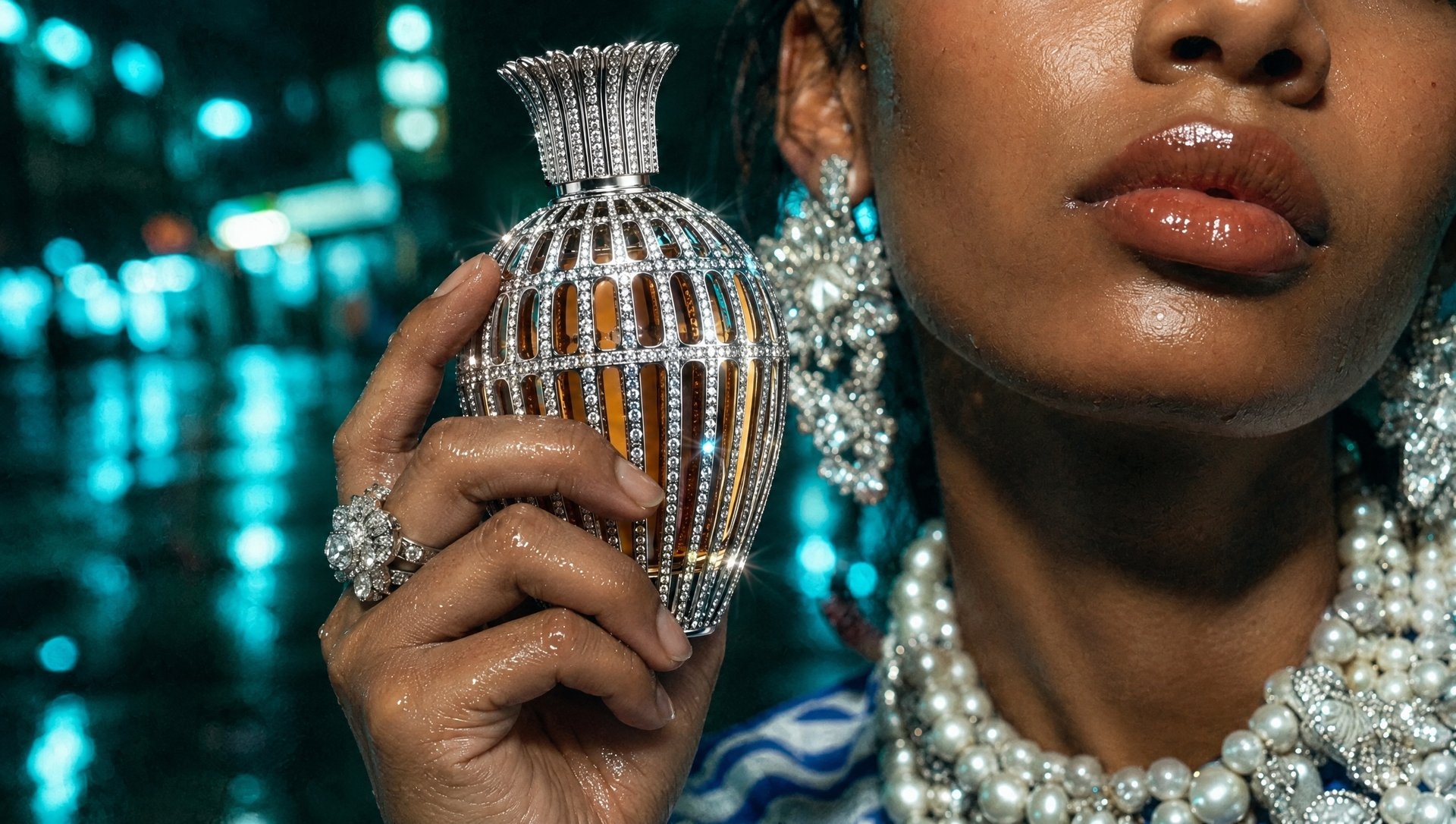 A hand holds a jewelled, caged perfume bottle, 14.5 cm tall, beside a woman's face, from below her chin to about nose height.