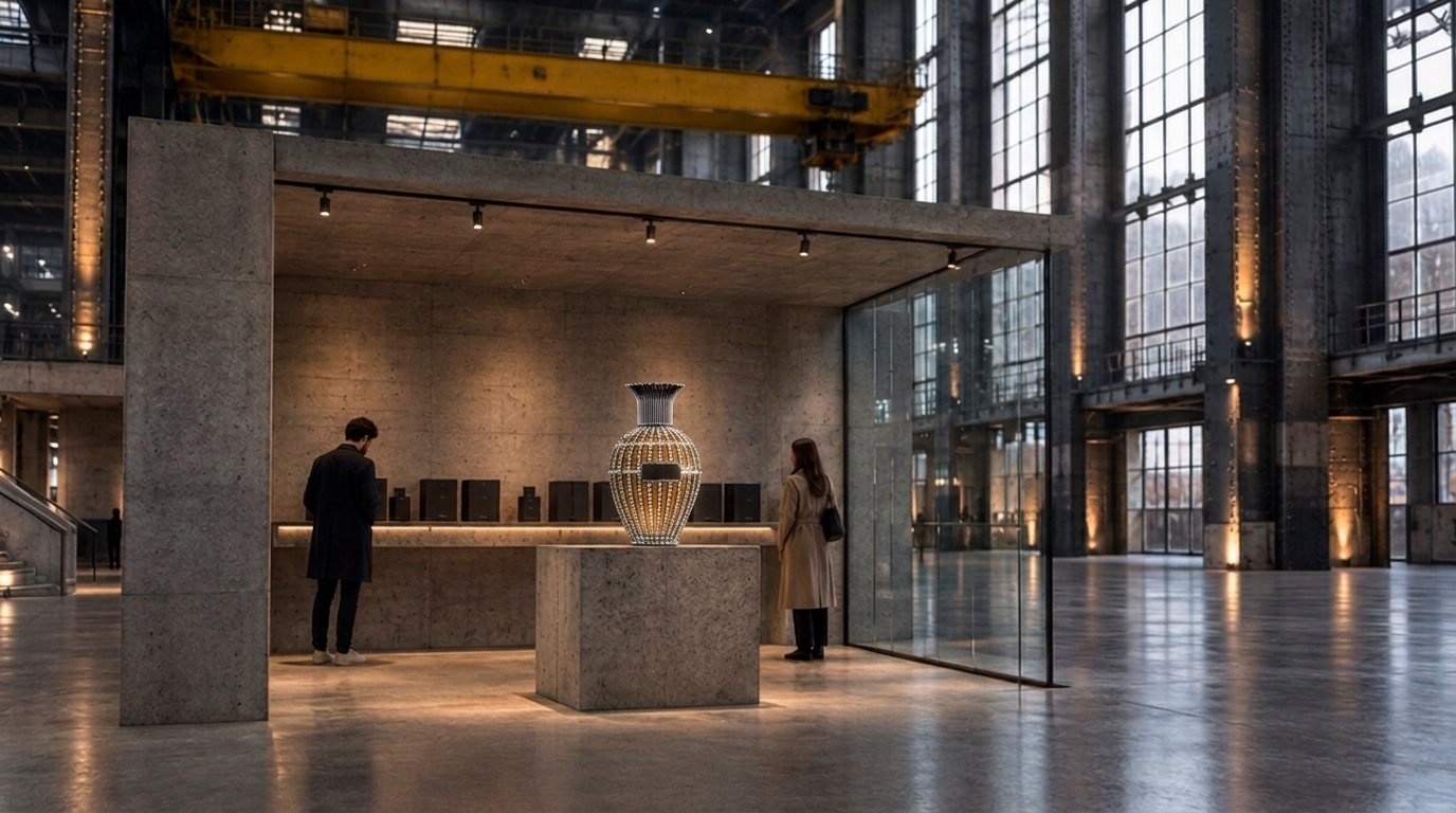 A crystal-set flacon on a concrete plinth inside a concrete display bay in a tall industrial hall, two visitors standing either side.