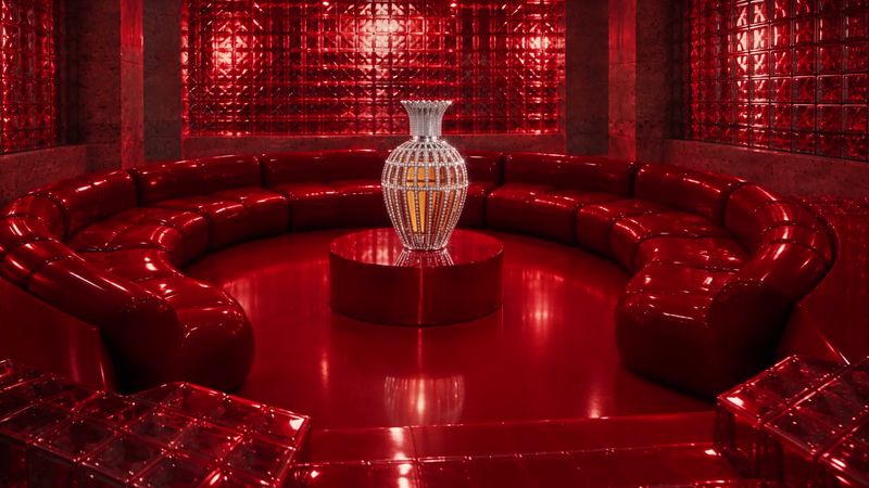 A silver flacon on a round red plinth at the centre of a curved red leather sofa, in a room of red glass blocks.
