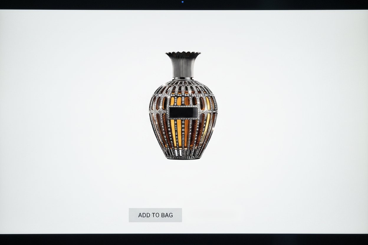 A shop product page on a monitor showing the flacon on white, with an Add to bag button.
