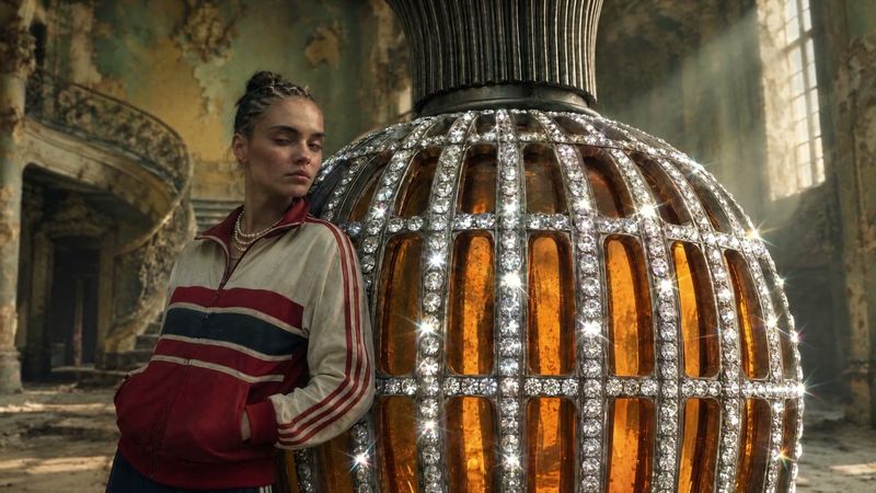 A woman in a retro tracksuit leans against a flacon taller than she is, in a ruined marble hall.